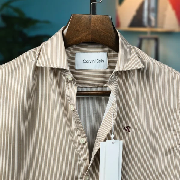 Tan Beige & White Pinstripe Classic Shirt