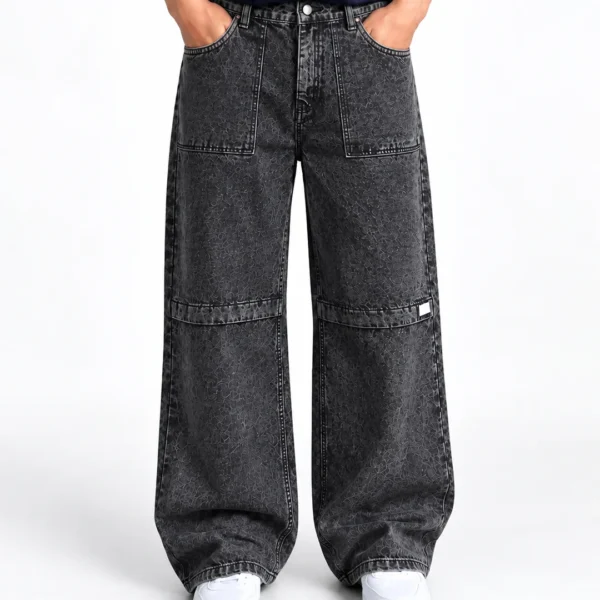 Acid Wash Knee Paneled Wide-Leg Denim