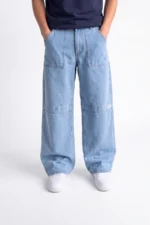 Light Ice Blue Paneled-Knee Wide-Leg Denim