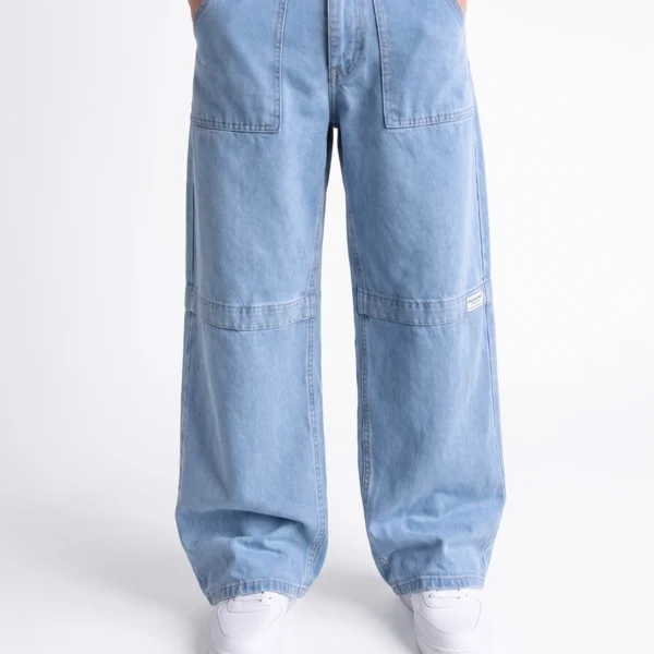 Light Ice Blue Paneled-Knee Wide-Leg Denim