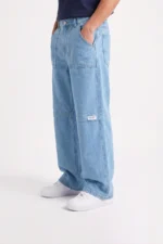 Light Ice Blue Paneled-Knee Wide-Leg Denim - Image 2