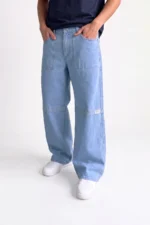 Light Ice Blue Paneled-Knee Wide-Leg Denim - Image 3
